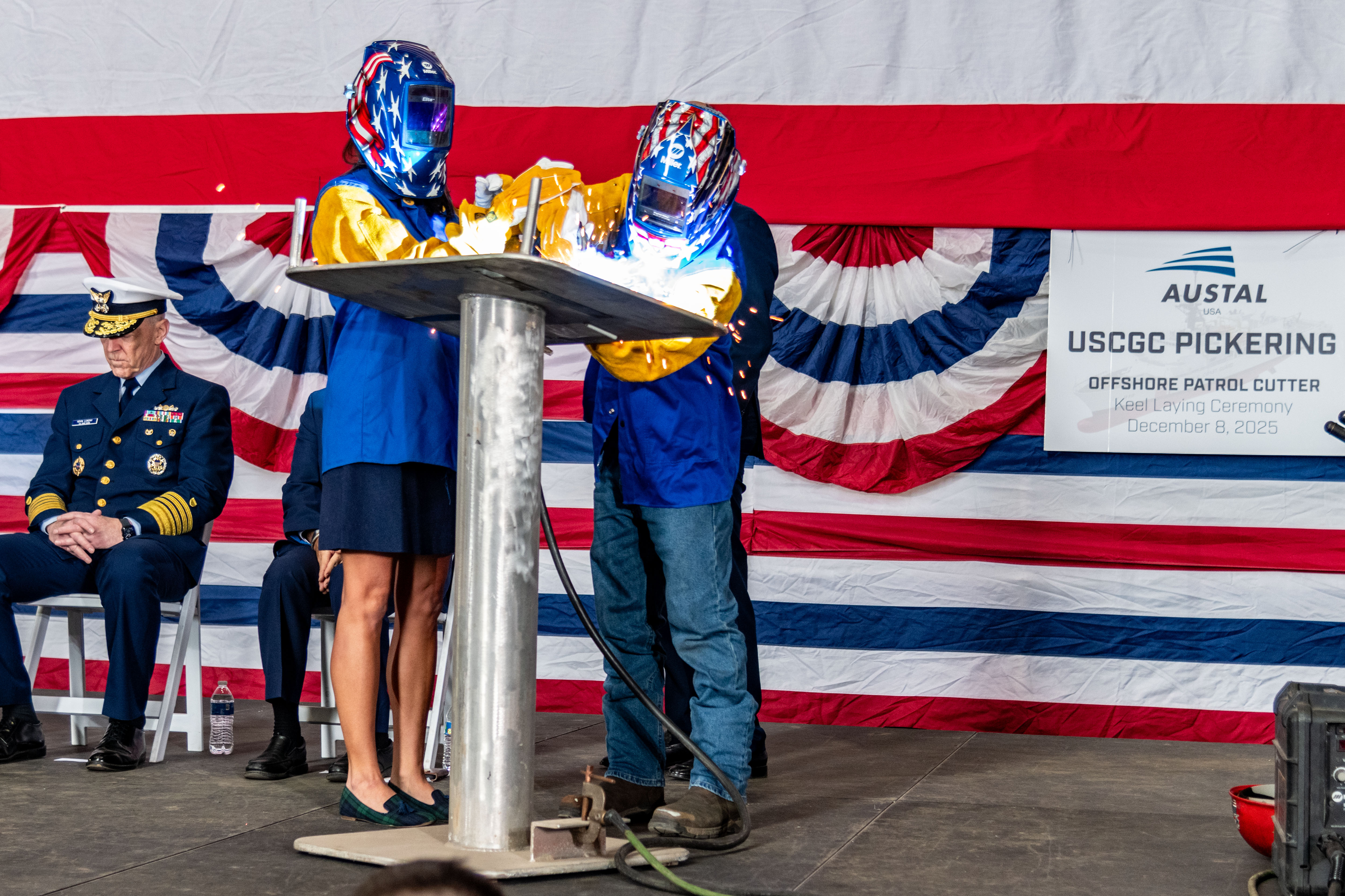 Ship sponsor Dr. Meghan Pickering Seymour authenticates the keel for future USCGC Pickering