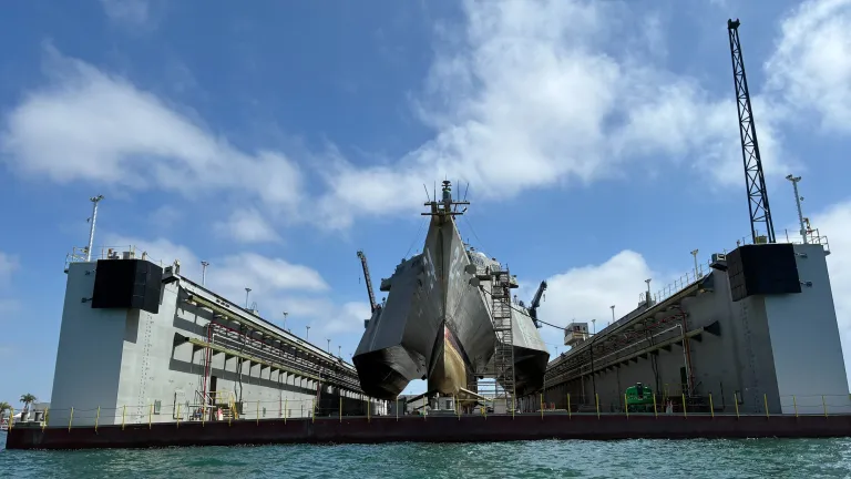 USS Oakland (LCS 24) in Austal USA's Dry Dock Independence for maintenance availability - the first of the dry dock